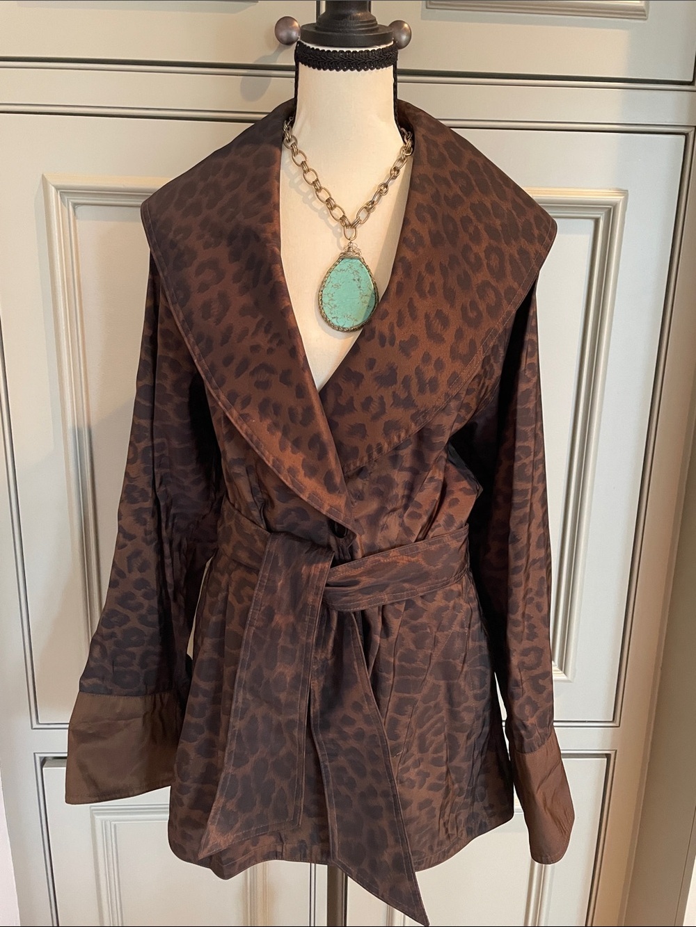 Brown Leopard Print Satin Rain Jacket Tie Waist Belted Trench Coat